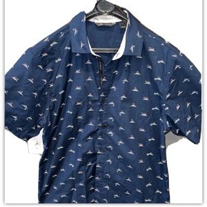 Adidas Adicross S/S Shirt Small Blue Volcano Print Stretchy Cotton Button Front